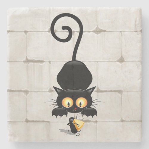 Cat and Mouse with Cheese Fun Cartoon Characters Stone Coaster