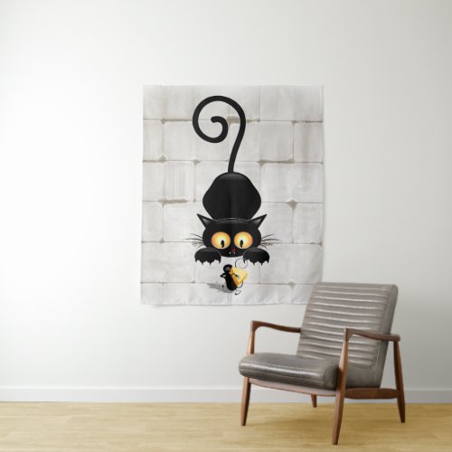 Cat and Mouse with Cheese Fun Cartoon Characters Tapestry