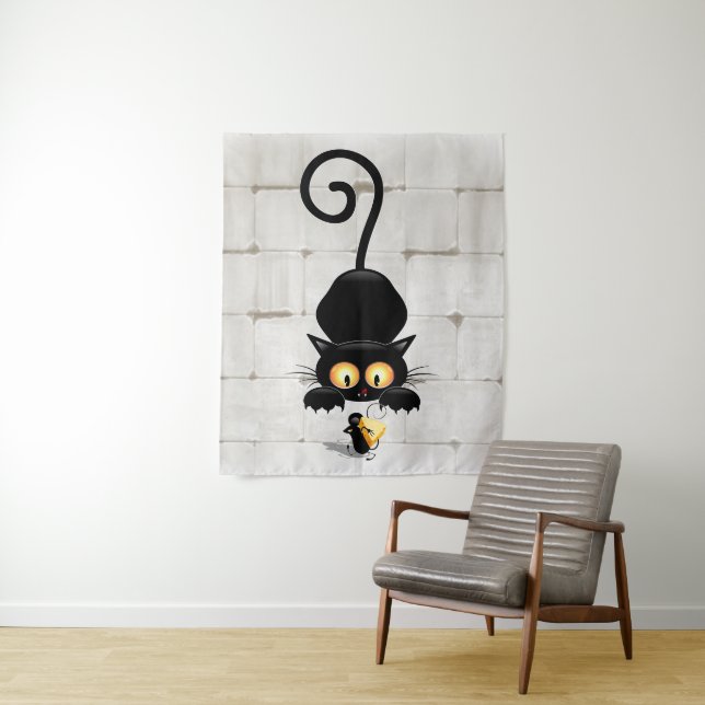 Cat and Mouse with Cheese Fun Cartoon Characters Tapestry (In Situ)