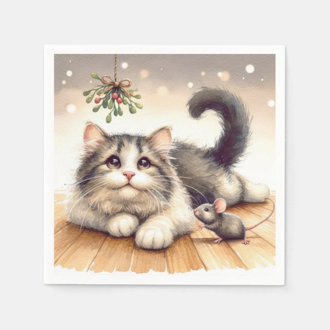 Cat and Mouse With Mistletoe Napkins (Front)