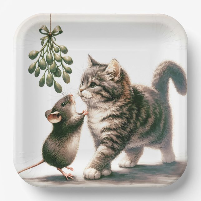 Cat and Mouse With Mistletoe Paper Plates (Front)