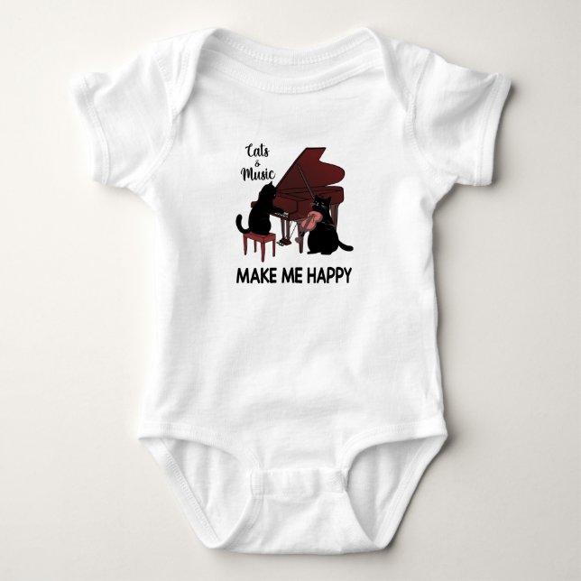 Cat And Music Make Me Happy, Cat Playing Musical Baby Bodysuit (Front)