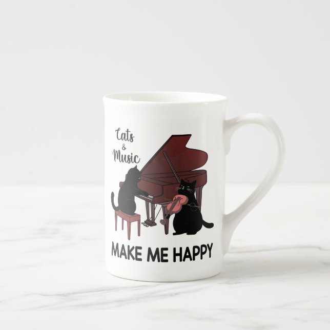 Cat And Music Make Me Happy, Cat Playing Musical Bone China Mug (Right)