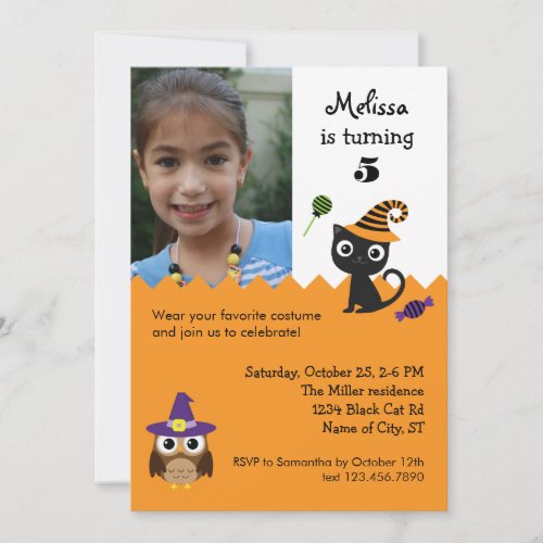 Cat and Owl Halloween Birthday Photo Invitation