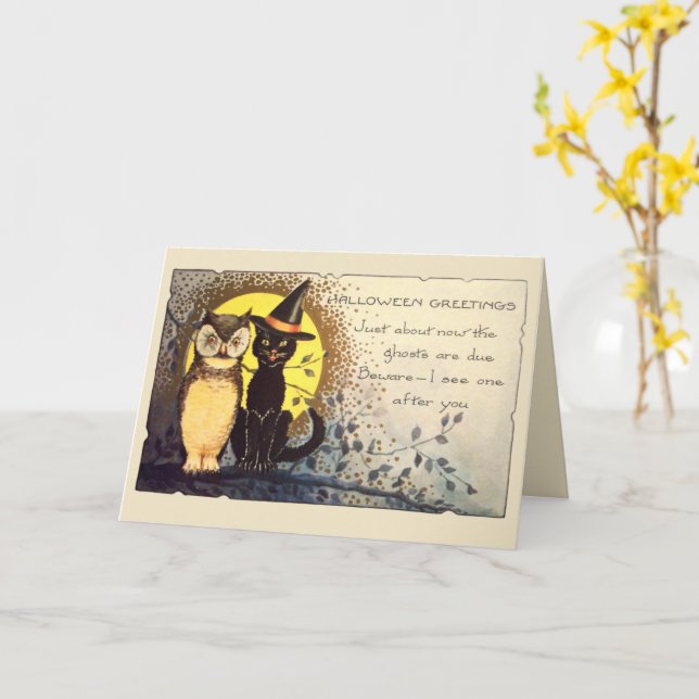 Cat and Owl in Moonlight Vintage Halloween Card (Yellow Flower)