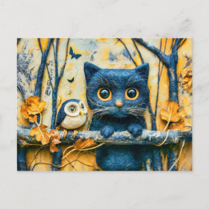 Cat and Owl in the Forest at Night Made Felt Postcard