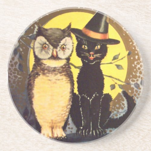 Cat and Owl Vintage Halloween Coaster