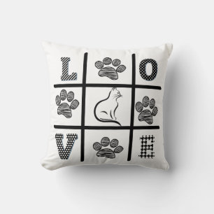 "Cat and Paws Square Pillow – Monochromatic Elegan