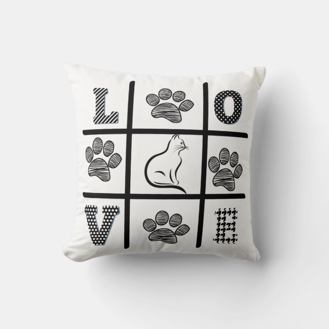 "Cat and Paws Square Pillow – Monochromatic Elegan (Front)