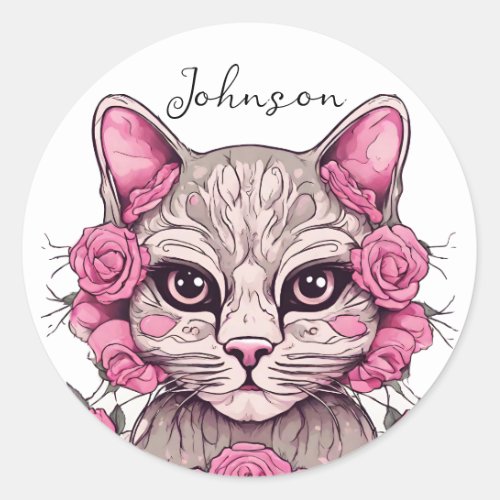 Cat and Pink Roses Sticker Envelope Seal Floral