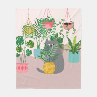 Cat and Plants Fleece Blanket