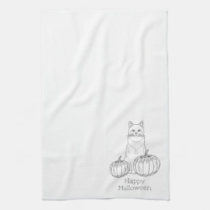 Cat And Pumpkins Line Art Simple Minimal Halloween Kitchen Towel