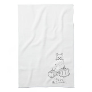 Cat And Pumpkins Line Art Simple Minimal Halloween Kitchen Towel