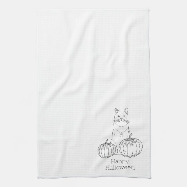 Cat And Pumpkins Line Art Simple Minimal Halloween Kitchen Towel (Vertical)