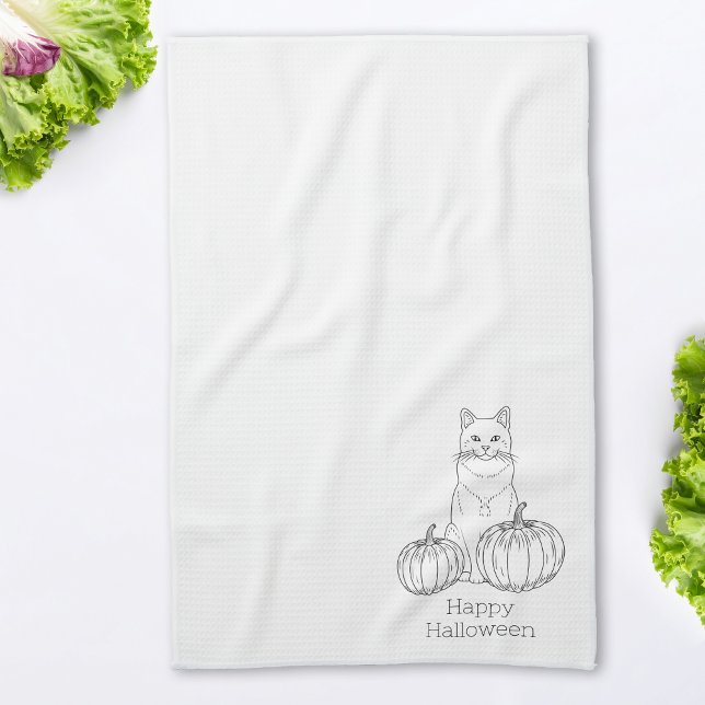 Cat And Pumpkins Line Art Simple Minimal Halloween Kitchen Towel (Creator Uploaded)