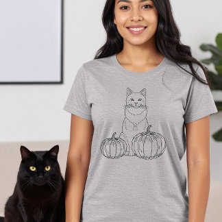 Cat And Pumpkins Minimal Line Art Cute Halloween T-Shirt