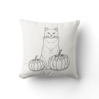 Cat And Pumpkins Minimalist Line Art Autumn Throw Pillow