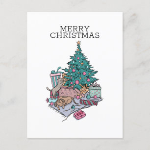 Cat And Puppy Christmas Tree Simple Minimalist Holiday Postcard