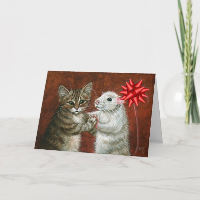 Cat and Rat Dancing Christmas Card (Front)