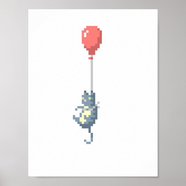 Cat And Red Balloon Pixel Art Poster (Front)