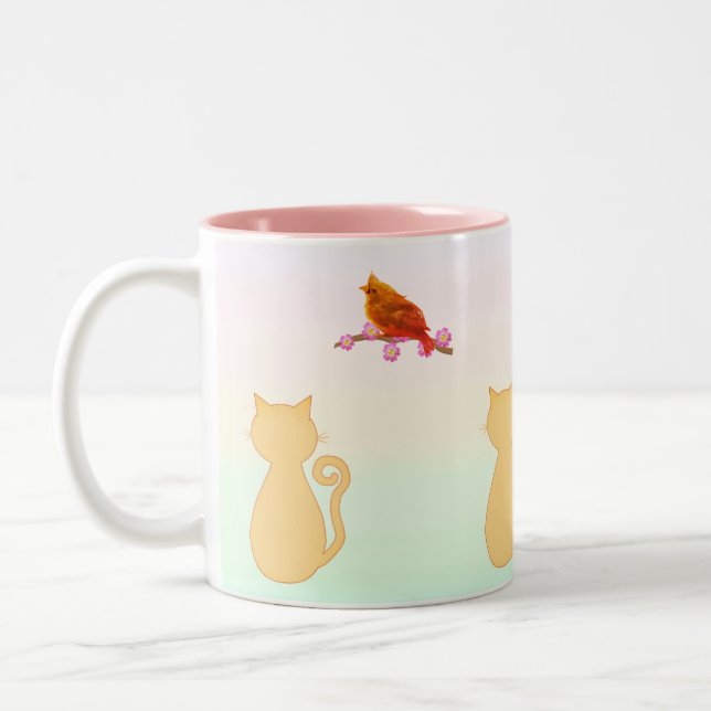 Cat and Red Bird Two-Tone Coffee Mug (Left)