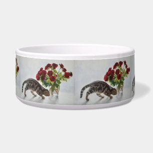 Cat and Red Roses – Realistic Oil Painting Print Bowl
