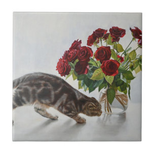 Cat and Red Roses – Realistic Oil Painting Print Ceramic Tile