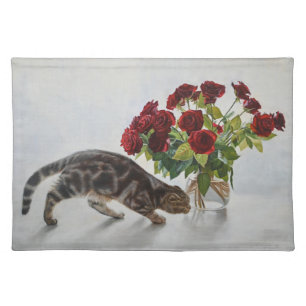 Cat and Red Roses – Realistic Oil Painting Print Cloth Placemat
