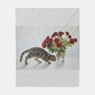 Cat and Red Roses – Realistic Oil Painting Print Fleece Blanket