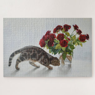 Cat and Red Roses – Realistic Oil Painting Print Jigsaw Puzzle