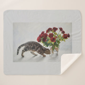 Cat and Red Roses – Realistic Oil Painting Print Sherpa Blanket