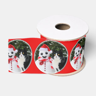 Cat and Santa Snowman Christmas Funny Pet Photo - Grosgrain Ribbon