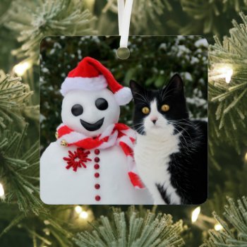 Cat And Santa Snowman Christmas Funny Photo -  Metal Ornament by Kathom_Photo at Zazzle