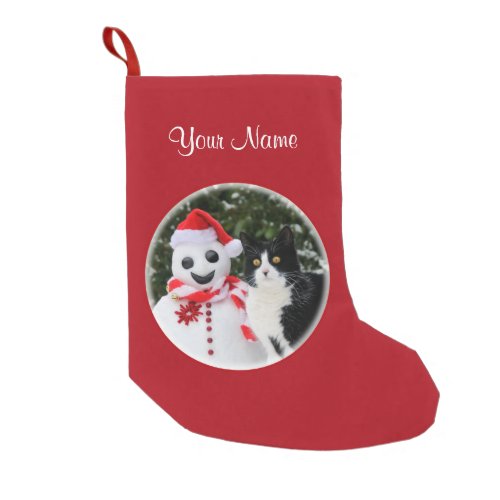 Cat and Santa Snowman Christmas Personalize mantle Small Christmas Stocking