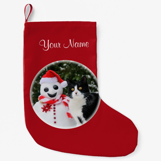 Cat and Santa Snowman Christmas Personalize mantle Small Christmas Stocking (Front)