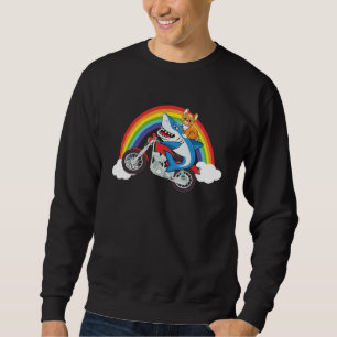 Cat And Shark Riding Motorcycle With Rainbow Graph Sweatshirt