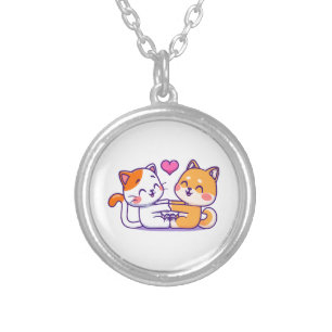 Cat And Shiba Inu Silver Plated Necklace