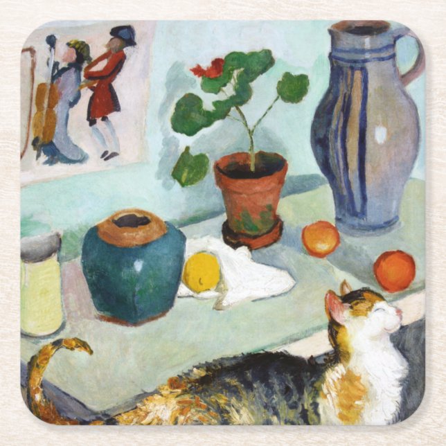Cat and Still Life, August Macke Square Paper Coaster (Front)