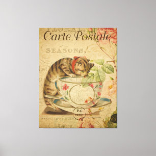 Cat and Tea Cup Vintage French Postcard Canvas Print