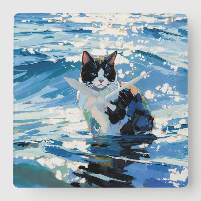 Cat And The Ocean (#1) Square Wall Clock (Front)