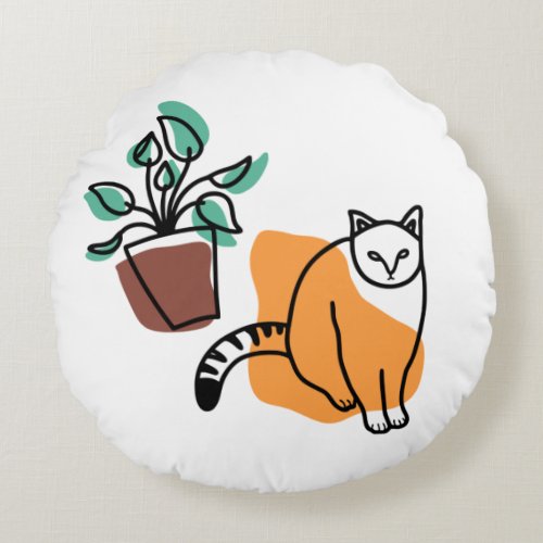 Cat and the plant round pillow