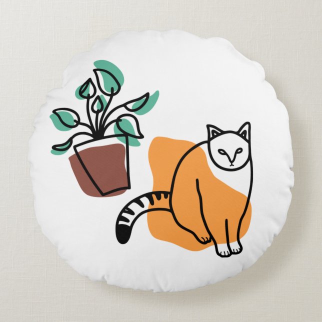 Cat and the plant round pillow (Front)