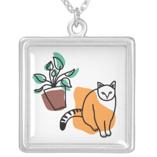 Cat and the plant silver plated necklace