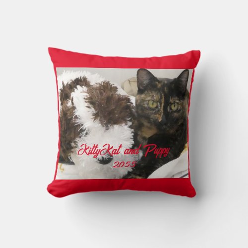 Cat and Toy Dog or Your Pet Photo Red Trim Throw Pillow