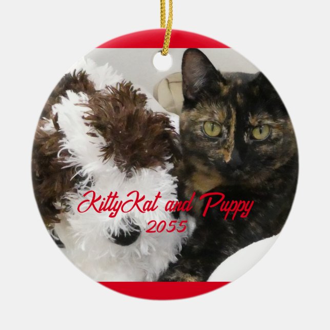 Cat and Toy Dog, Your Pet Photo Ceramic Ornament (Front)