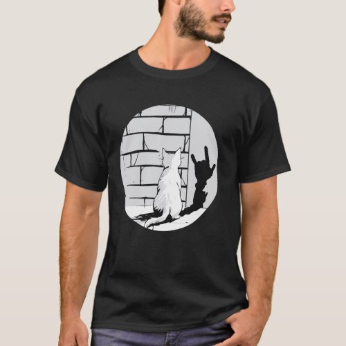 Cat And Wall Design White Cat With Shadow Hand Sig T-Shirt
