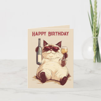 Cat and Wine Bottle Birthday Card