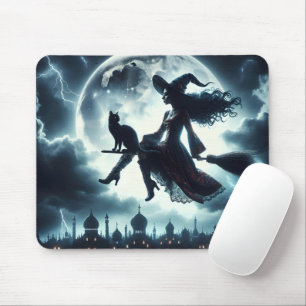 Cat and Witch Flying On a Broomstick Mouse Pad