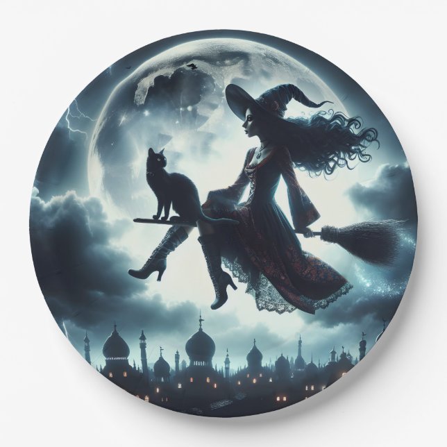 Cat and Witch Flying On a Broomstick Paper Plates (Front)