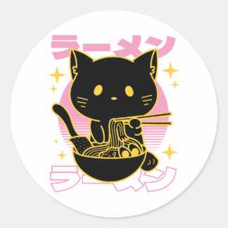 Cat animal eating ramen food classic round sticker